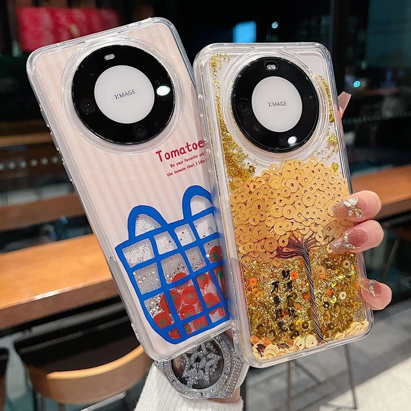 适用华为mate60系列苹果新款手机壳个性ins流沙滑片透明全包大孔