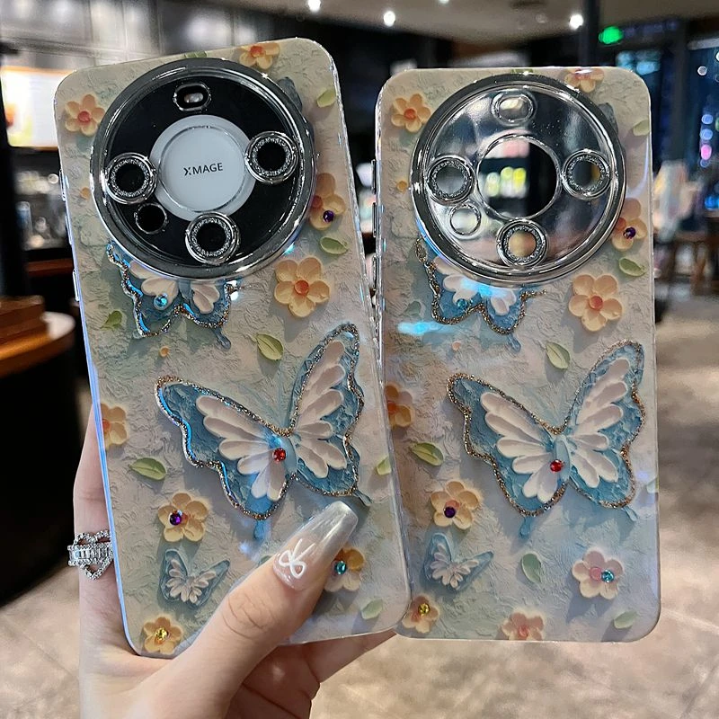 适用华为mate60苹果系列新款手机壳女款复古蓝色花朵蝴蝶全包防摔