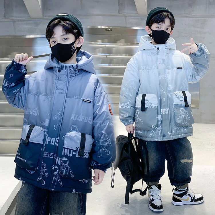 男童冬季棉服2023新款中大童太空人渐变连帽棉衣儿童加绒冬装外套