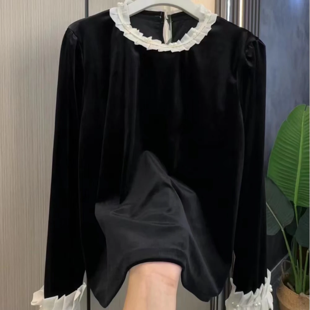 欧货丝绒显瘦气质新款钉珠木耳领拼接复古打底衫百搭上衣
