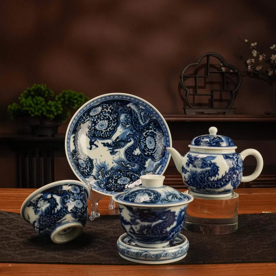 占春生窑 穿花龙纹茶具  青花 陶瓷