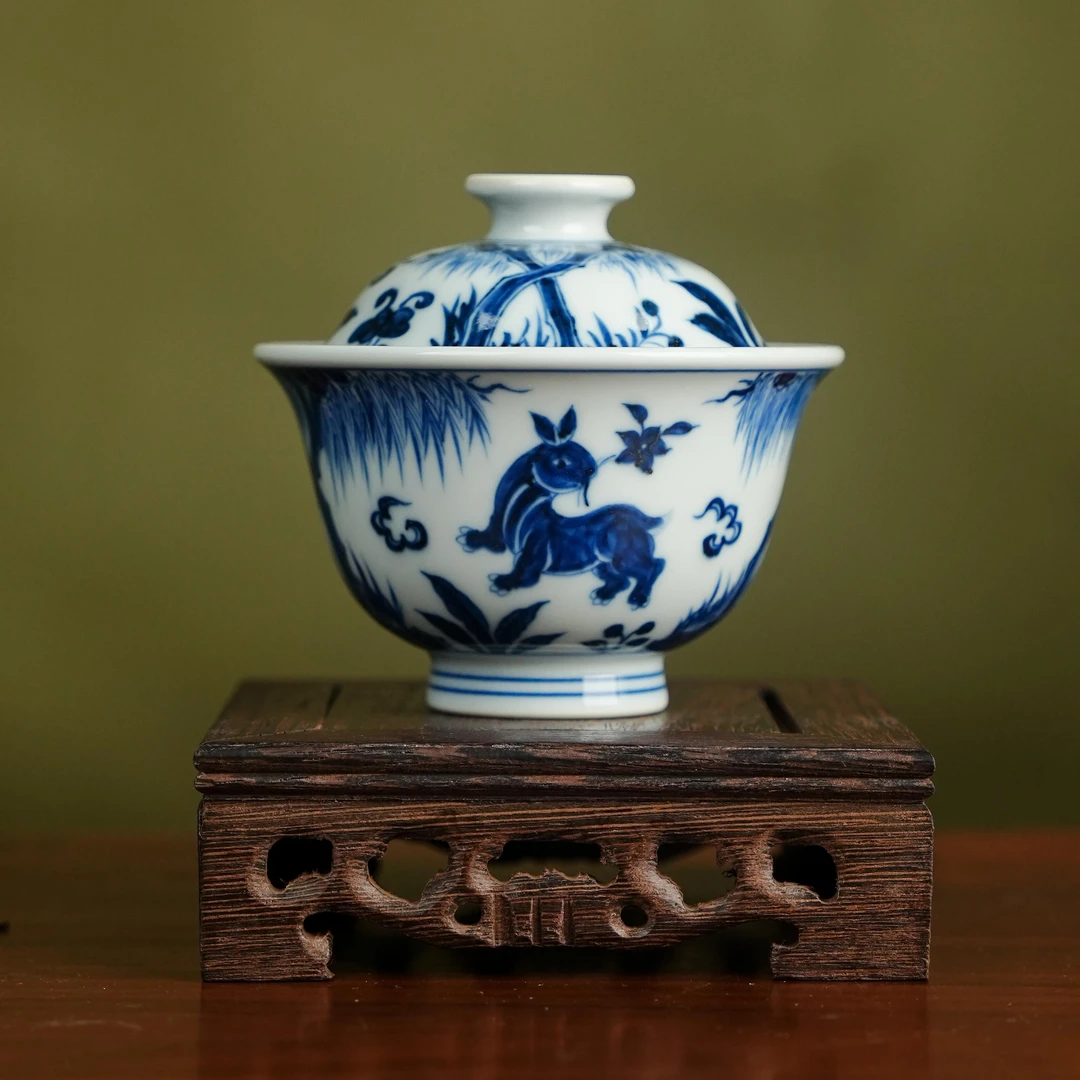 刘建锋窑元兔子压手盖碗茶具