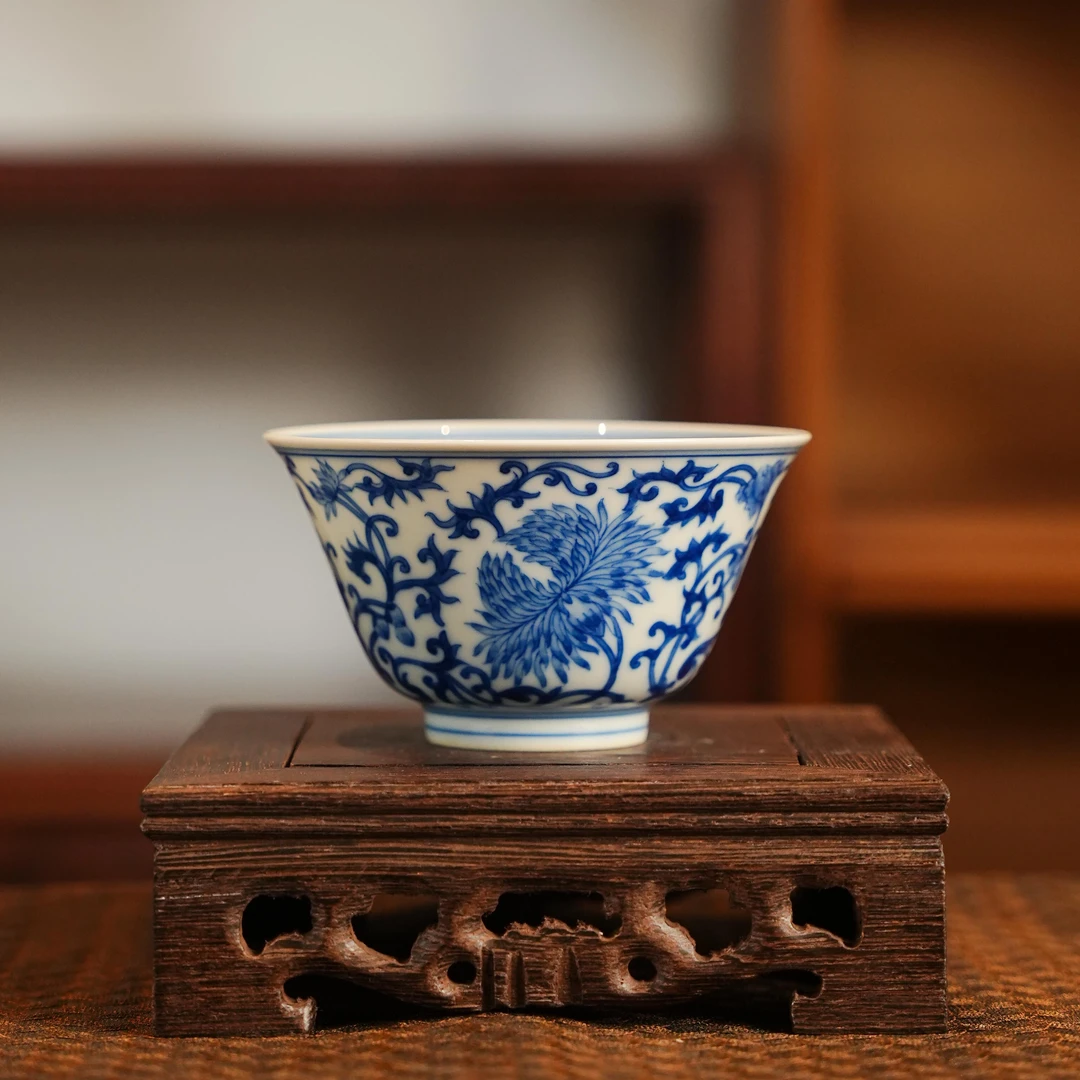 刘建锋窑青花缠枝花卉撇口杯一人独饮小茶具