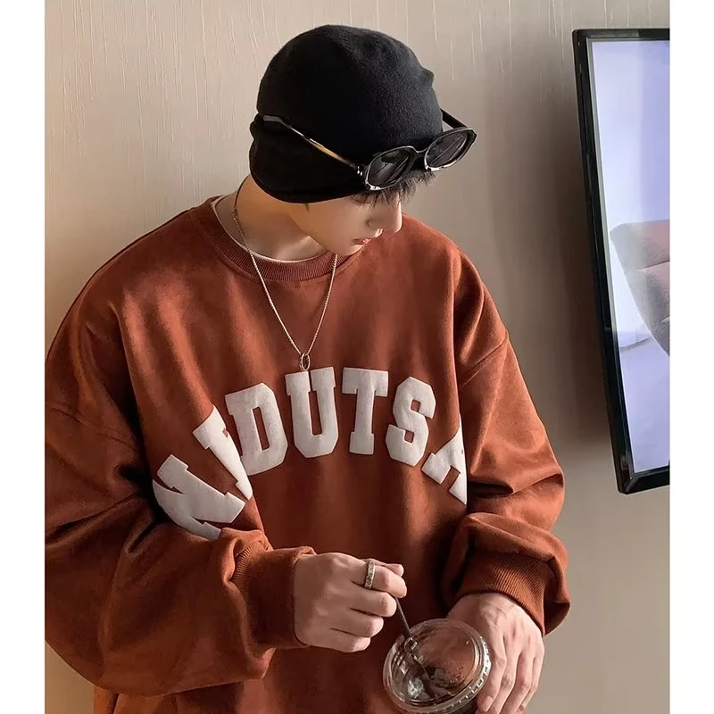 WY09字母发泡印花麂皮绒卫衣男女高街圆领情侣长袖外穿体恤上衣