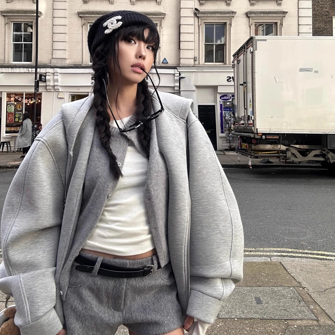 韩好甜WARDEN EDGE伦敦之旅 灰色空气棉卫衣女春宽松休闲连帽外套