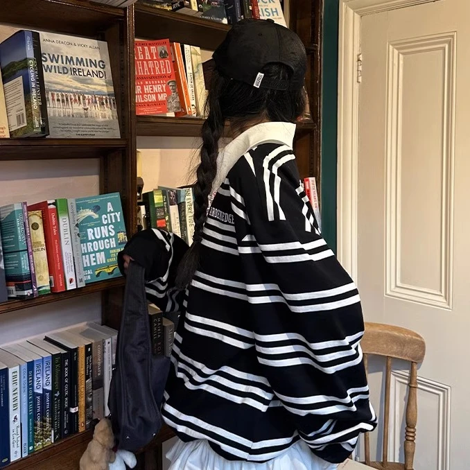 韩好甜WARDEN EDGE黑白条纹长袖T恤女宽松显瘦休闲polo领套头上衣