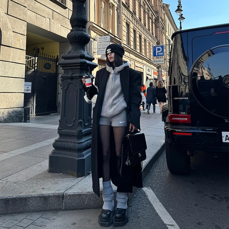 韩好甜WARDEN EDGE 黑色羊毛大衣女小个子高级感气质长款毛呢外套