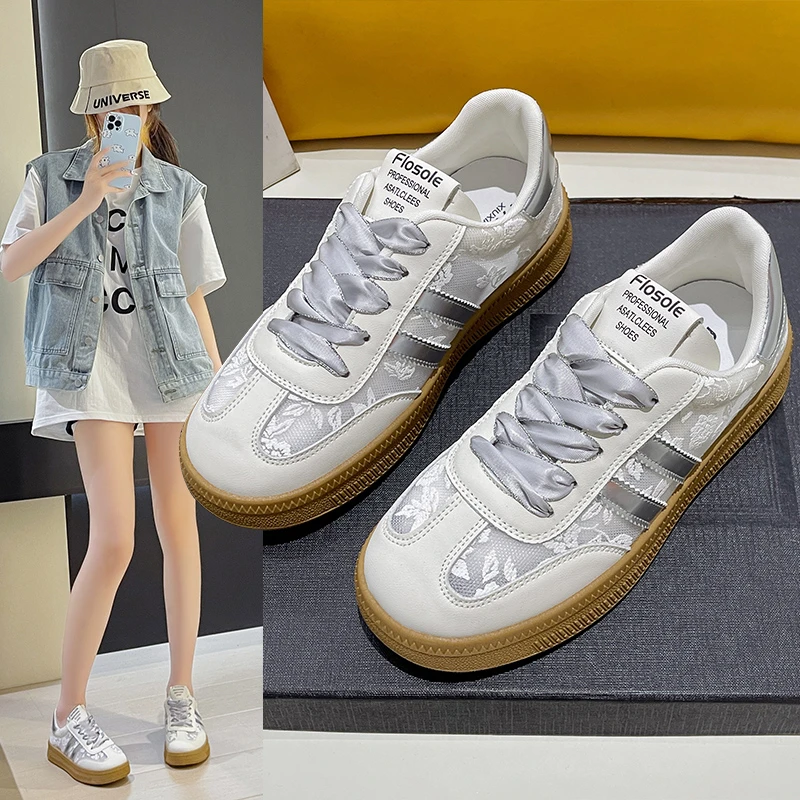 印妍【补贴】厚底蕾丝网面透气德训鞋夏季薄款百搭2024新款休闲板鞋