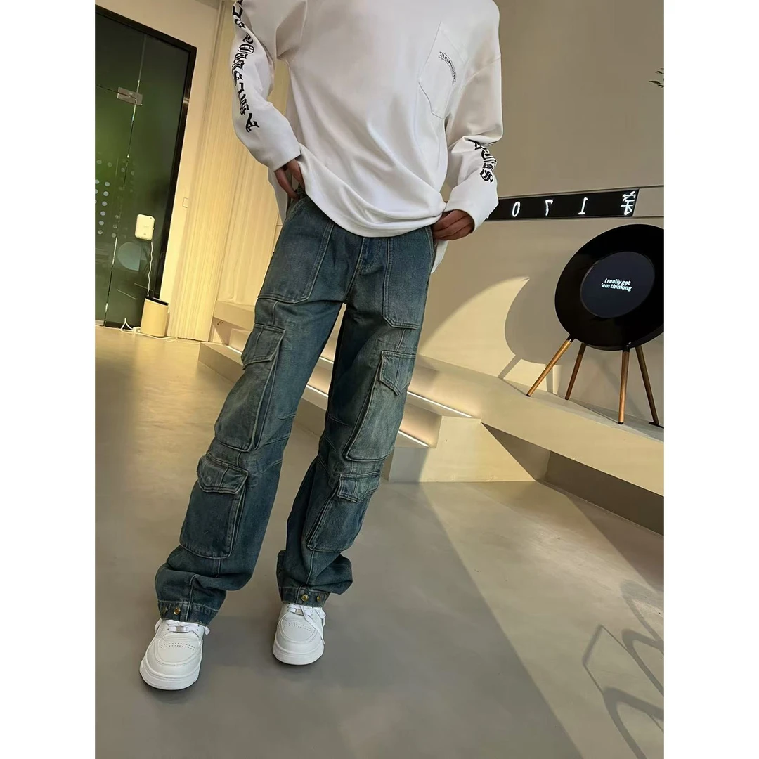 [M]蓝色水洗做旧大口袋工装百搭时尚儿童薄款牛仔裤（早春新品）