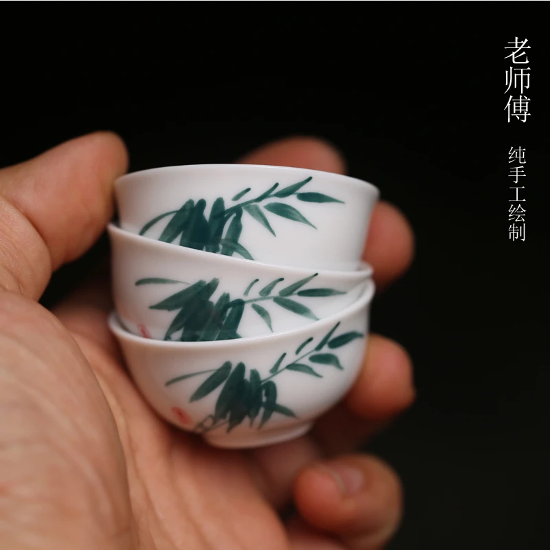 90年代潮州 高温纯手工手绘釉下彩工夫茶杯反口杯陶瓷 画山水绿竹