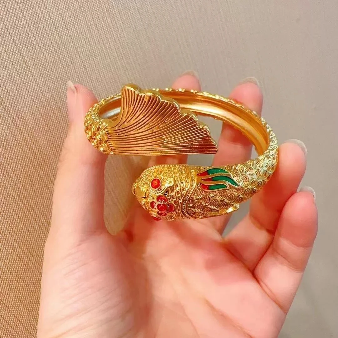 合金手镯 珐琅彩镂空锦鲤开口手镯女立体小鱼镯子