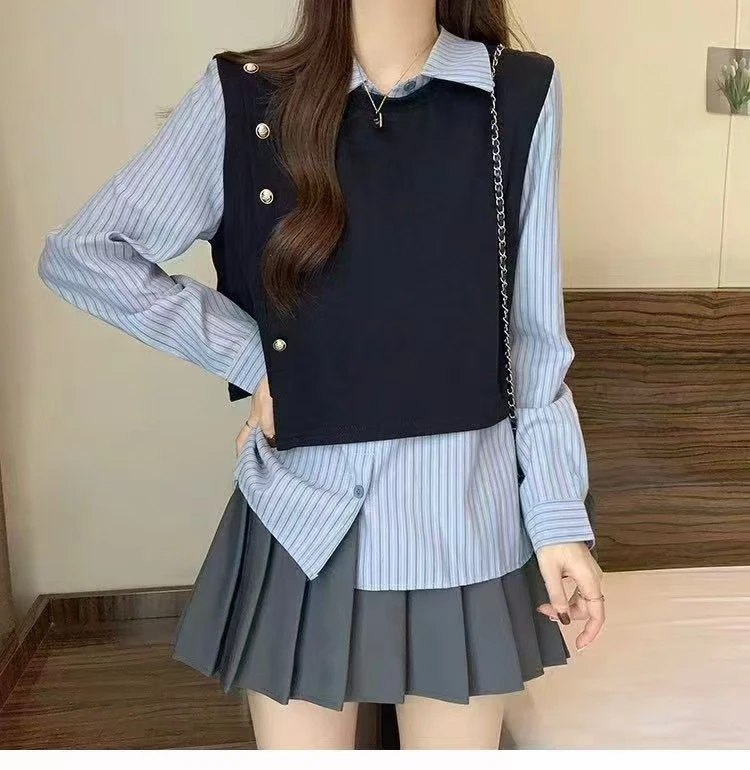NFM女驸马早秋新款蓝色条纹假两件衬衫67933