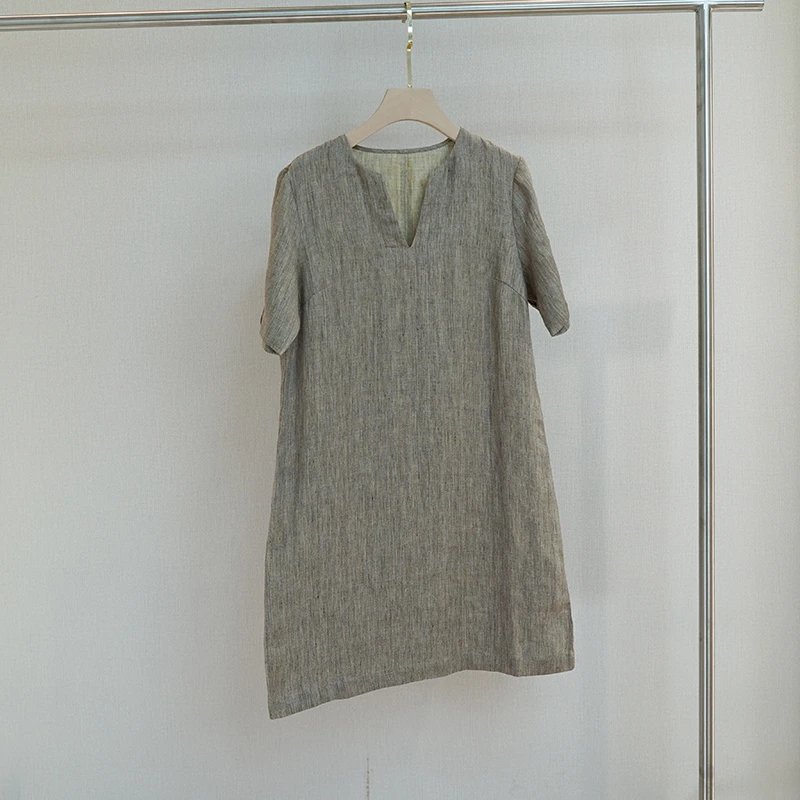 亚麻袖口刺绣斜插口袋小V领连衣裙YD210251