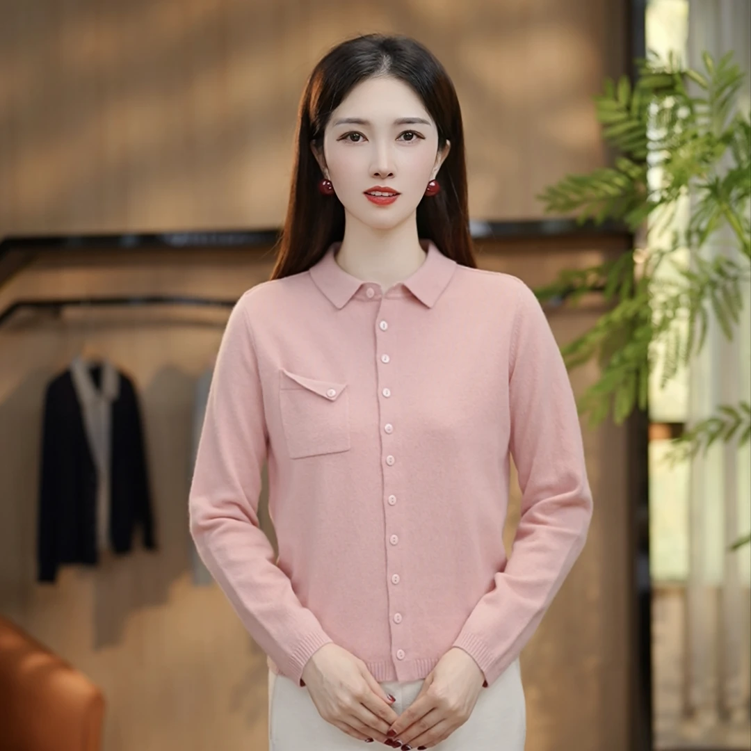 【100%纯羊毛】2025春款上新超细美丽诺羊毛衫百搭翻领纯色上衣7988