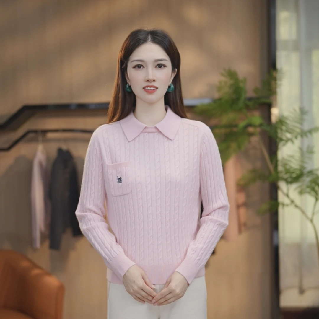 [100%纯羊毛]春季新款超细美丽诺羊毛衫质百搭翻领纯色上衣6656