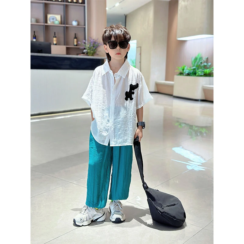 男童夏季衬衫套装2024新款儿童夏装短袖长裤两件套休闲衣服大童潮