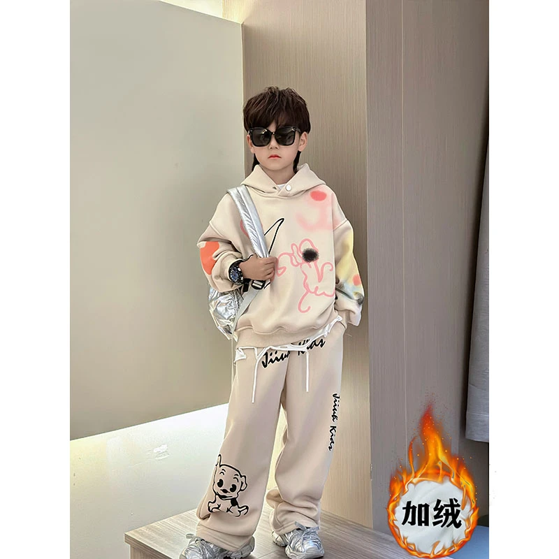 男童加绒卫衣套装秋冬2024新款痞帅男孩冬装韩版加厚连帽衫两件套
