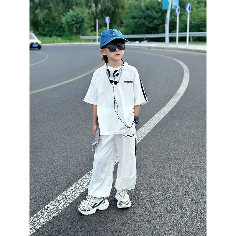 童装男童夏季套装短袖t恤男孩大童白色半袖洋气2024新款宽松运动