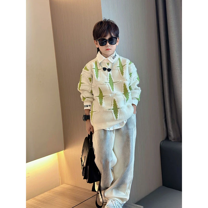 男童加厚圆领毛衣秋冬款2024新款中大童冬装时髦打底衫男孩针织衫