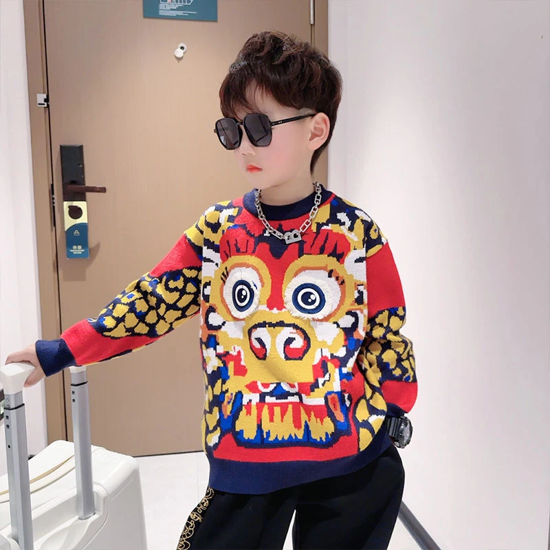 儿童龙年本命年红色毛衣2024新款男童新年针织衫喜庆大男孩拜年服