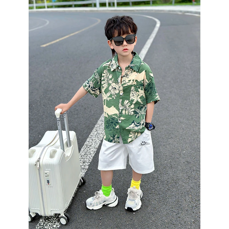 复古港风童装男童花衬衫短袖夏装套装海边中大儿童薄雪纺俩件套潮