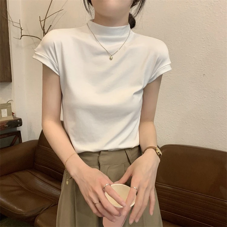 莫代尔半高领短袖衫女夏季新款简约纯色修身显瘦别致别致百搭上衣