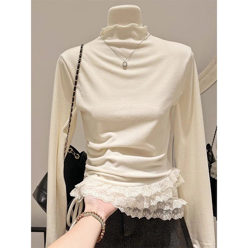 半高领拼接蕾丝德绒保暖打底衫秋冬新款修身显瘦外穿休闲百搭上衣