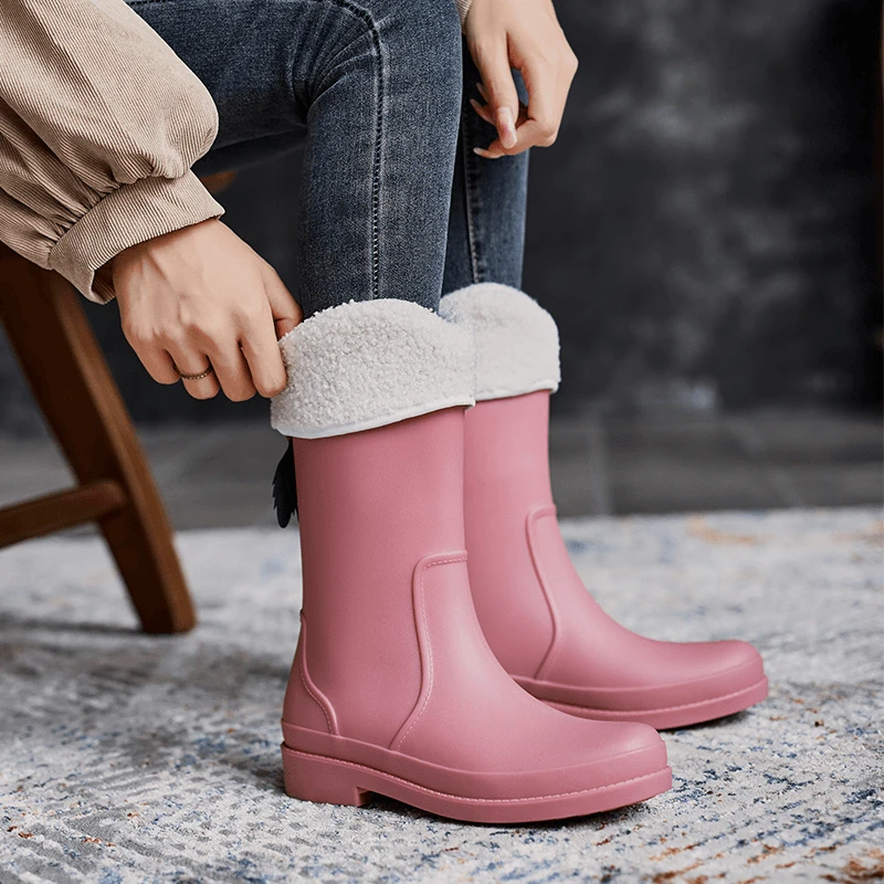 喆星保暖雨鞋女中筒防水胶鞋厚底防滑雨靴 加绒内胆可拆 偏小2码