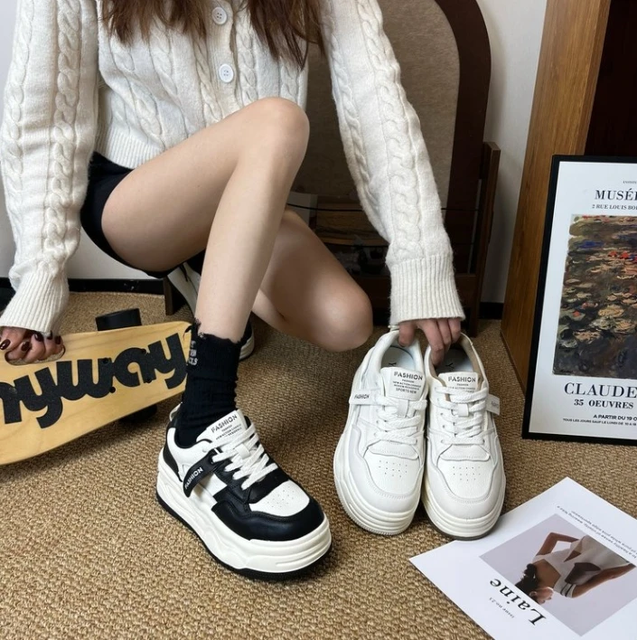 2023韩版网红女鞋小白鞋时尚ins百搭休闲鞋系带厚底鞋子真皮