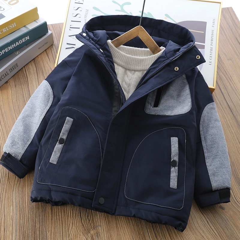 儿童洋气加厚棉服2025冬季男童牛仔拼接连帽潮棉衣中大童保暖棉袄