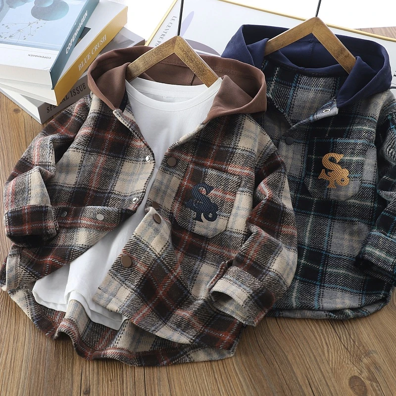 男童春季连帽格子衬衫宝宝新款儿童韩版潮上衣中大童休闲长袖衬衣