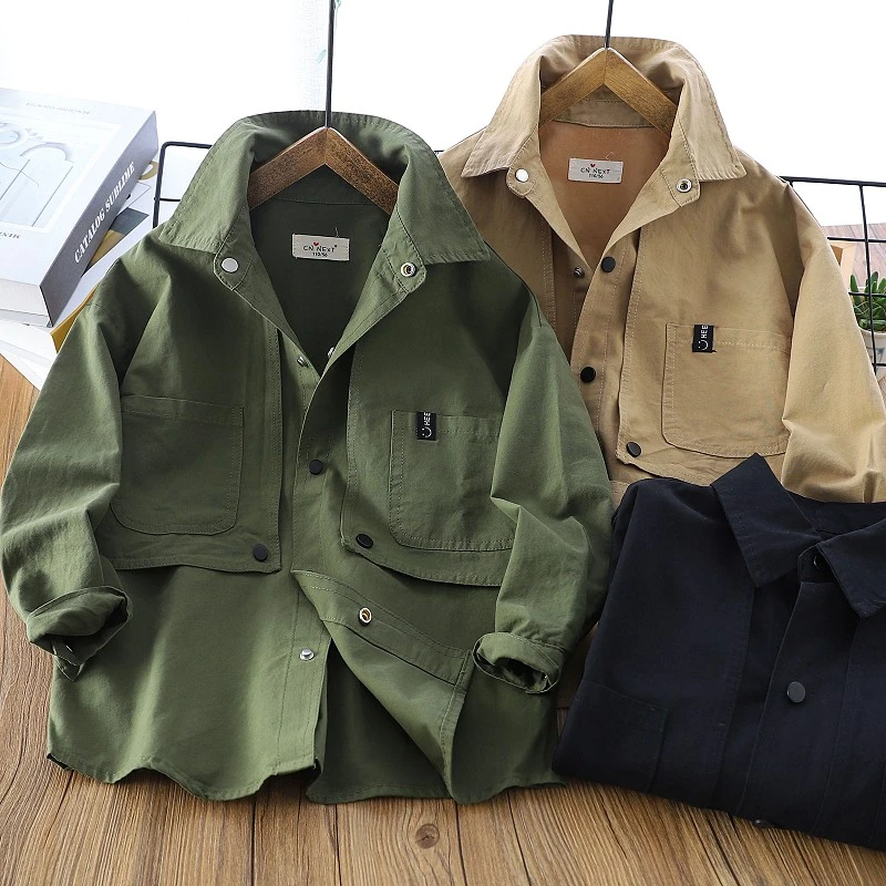 男童春季纯色工装外套2024新款儿童翻领潮上衣中大童百搭长袖衬衫