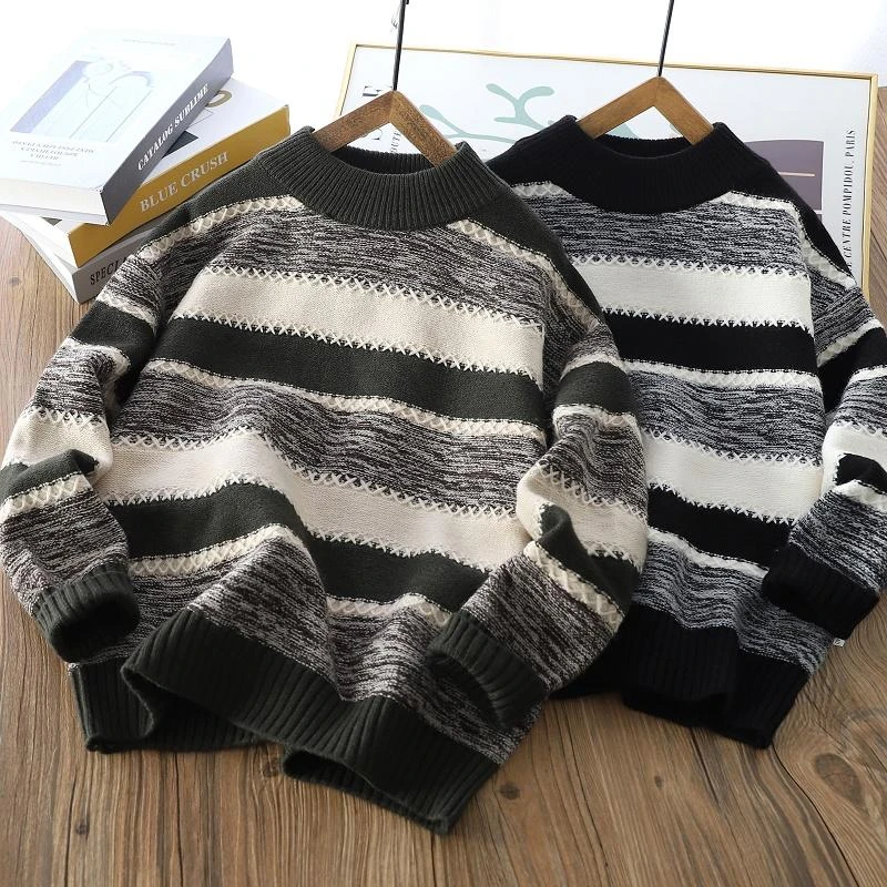 男童洋气条纹加厚圆领毛衣2024冬季儿童保暖针织衫中大童百搭上衣