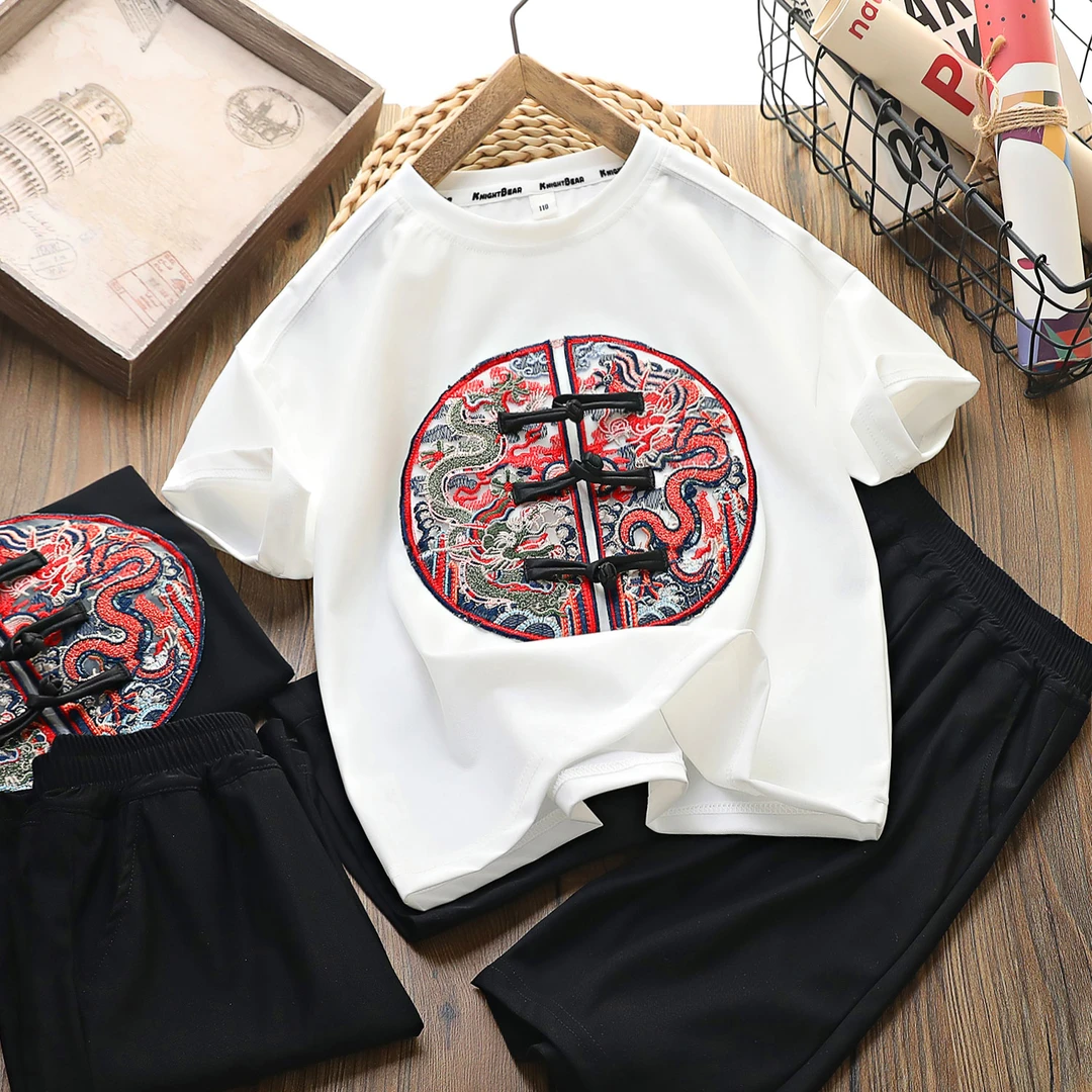 男童薄款短袖套装2024夏季儿童国风T恤速干潮上衣中大童唐装2件套