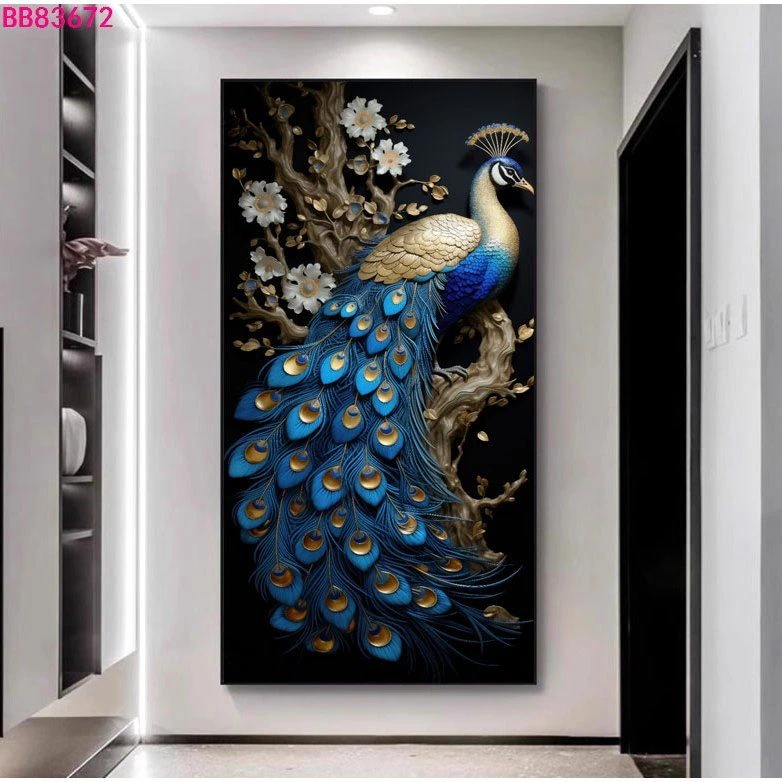 现代孔雀简约入户轻奢玄关高档装饰画客厅竖版过道走廊有框挂画