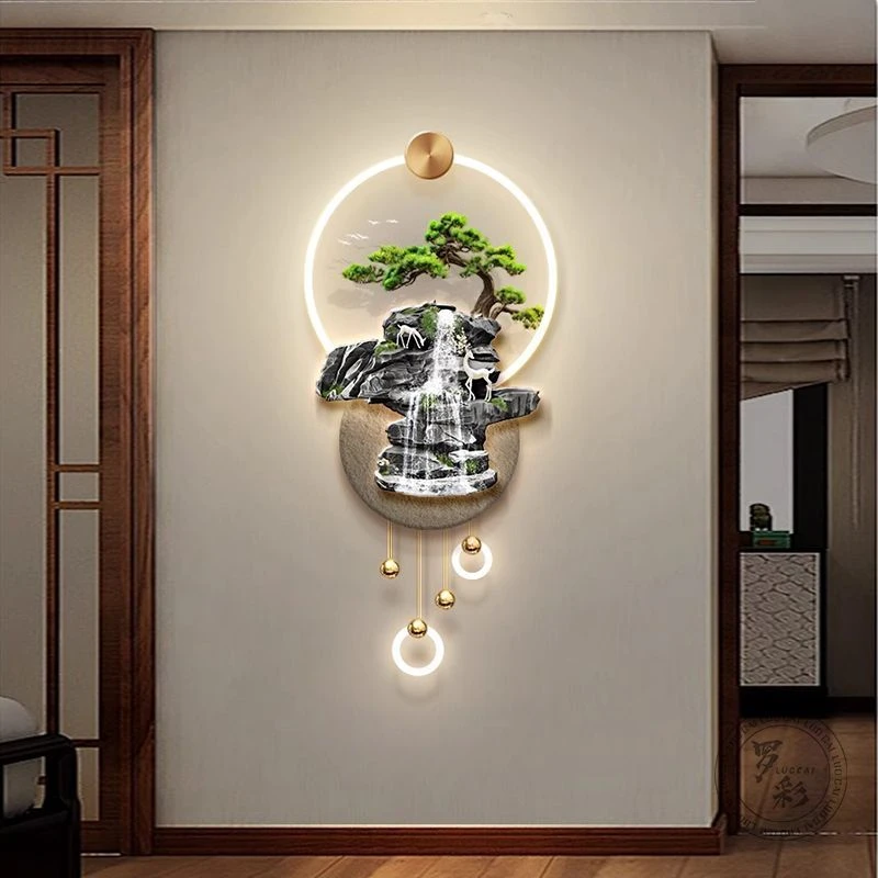 流水生财玄关装饰画壁灯发财树走廊尽头led发光画高级感山水挂画