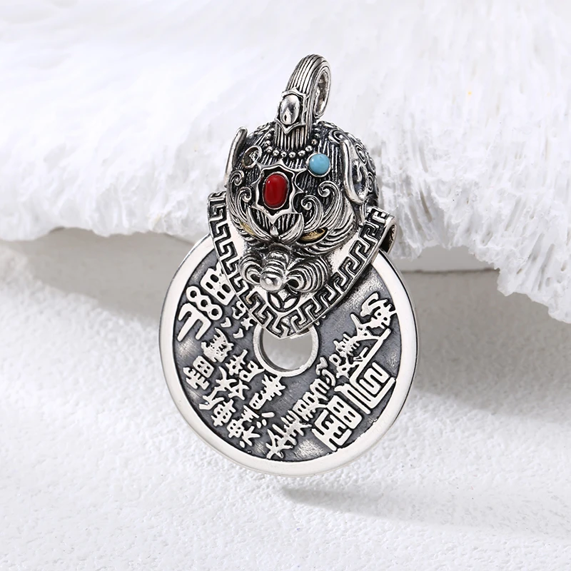 吊坠925银 民族风国潮山鬼古币吊坠 百搭项链流行挂坠