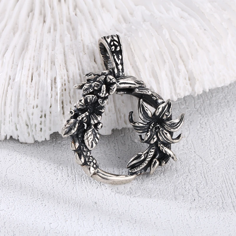 吊坠925银 民族风手工银圆圈花朵吊坠 百搭项链流行挂坠