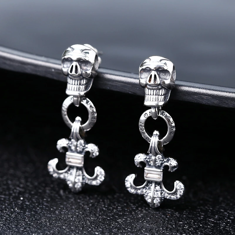 925银耳饰 骷髅头白钻船锚耳钉 耳扣 男女款流行耳饰