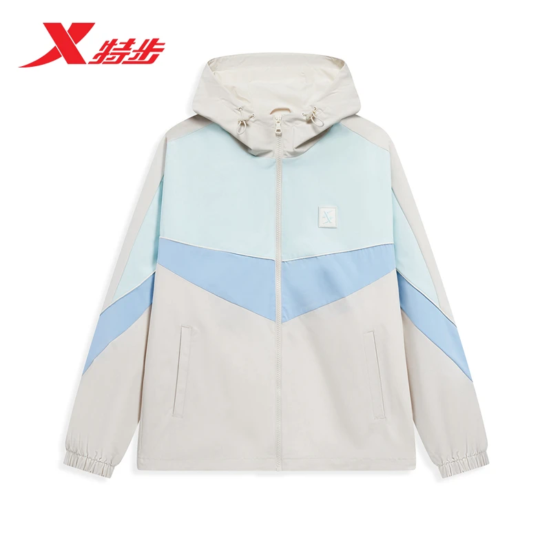 特步女子双层风衣2024春秋季撞色运动风衣休闲外套976128150004