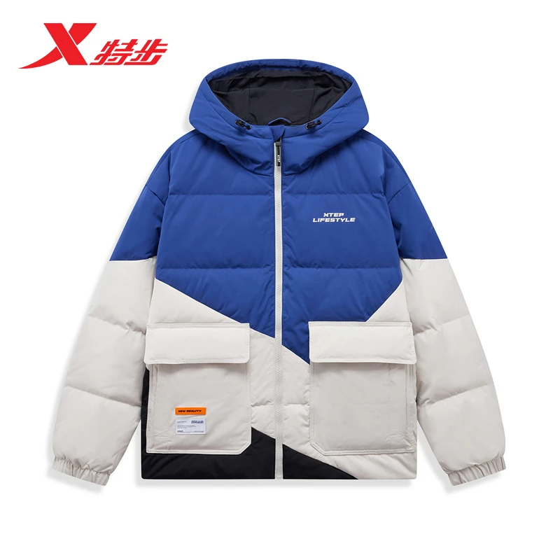 特步男连帽面包羽绒服2024冬季新款保暖加厚风衣外套977429190314