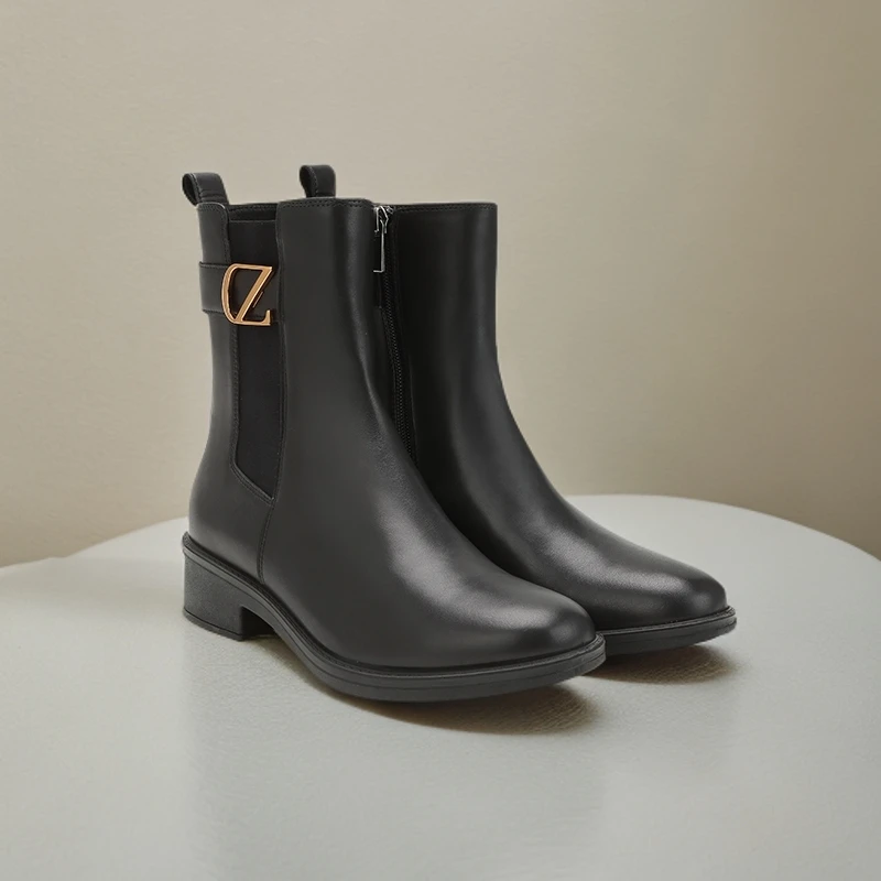 COZYSTEPS可至秋冬单皮靴休闲时尚百搭黑色简约英伦风厚底7112