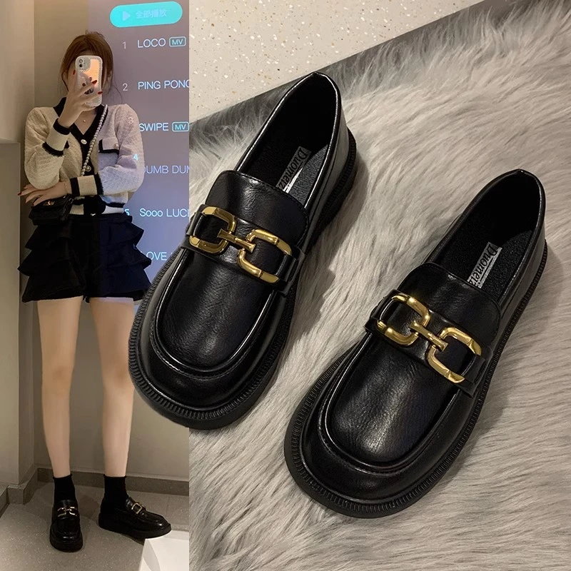 回力瑞软底乐福鞋女一脚蹬2023新款平底单鞋黑色复古英伦风小皮鞋