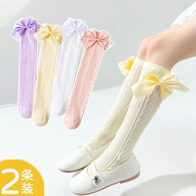 女童中筒袜春夏季儿童公主花边长袜宝宝过膝蝴蝶结长筒薄款小腿袜