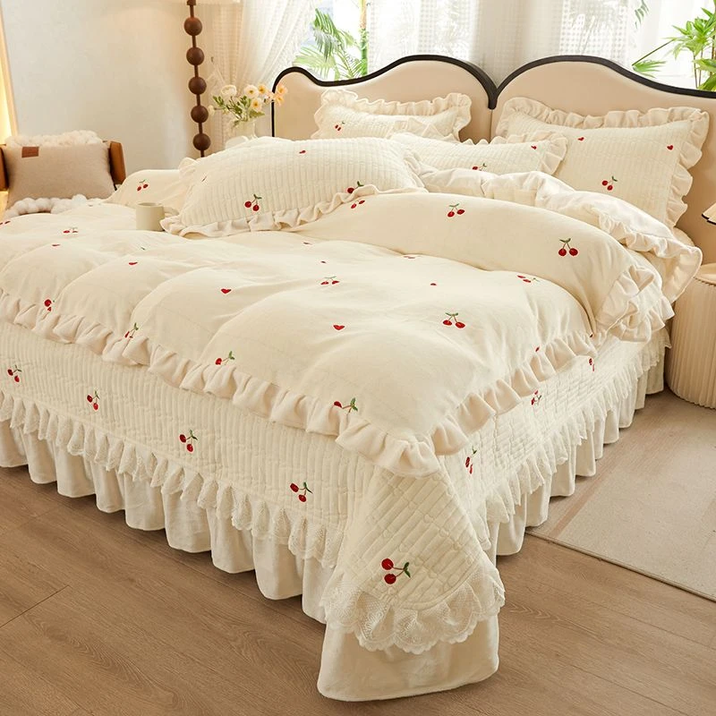 高档刺绣牛奶绒夹棉床盖四件套冬季保暖珊瑚绒床单床罩双面绒被套