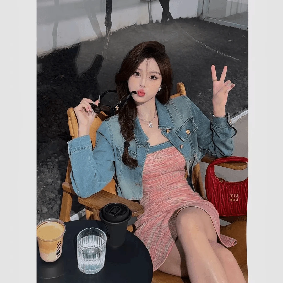 新款女装条纹连衣裙女吊带裙子美式牛仔外套时尚两件套显瘦套装