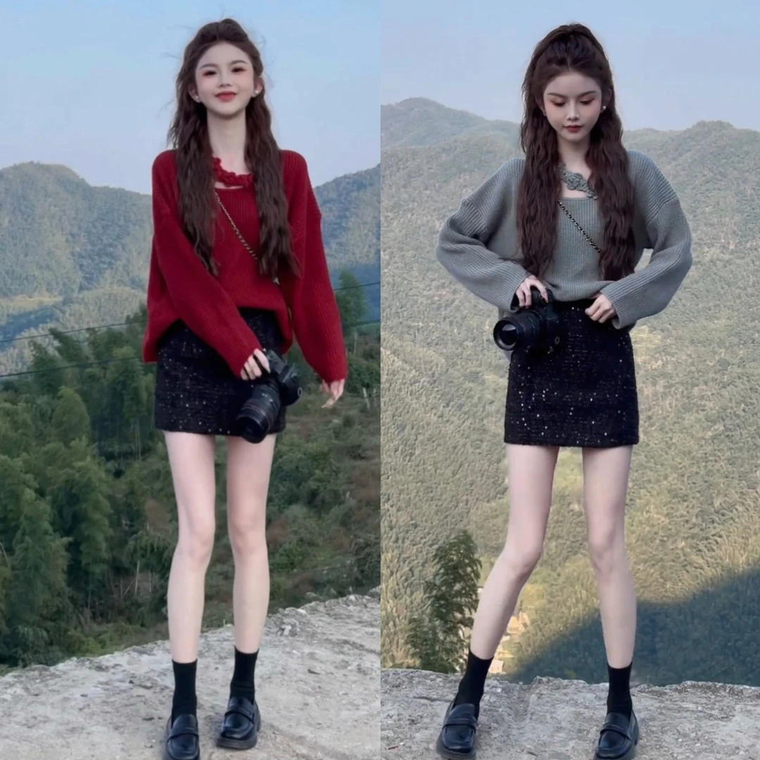 重工钩花针织衫斜肩软糯高级感套头上衣百搭时尚亮片小短裙套装