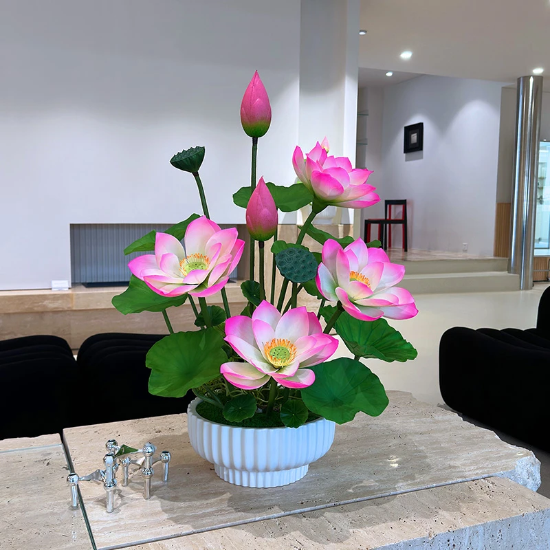 wo+仿真荷花莲花中式风清新造型简约客厅电视柜花艺优选送人礼品