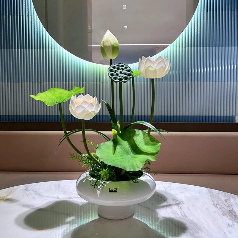 wo+仿真莲花荷花PU荷叶莲蓬陶瓷花盆花艺摆件电视柜餐桌装饰假花