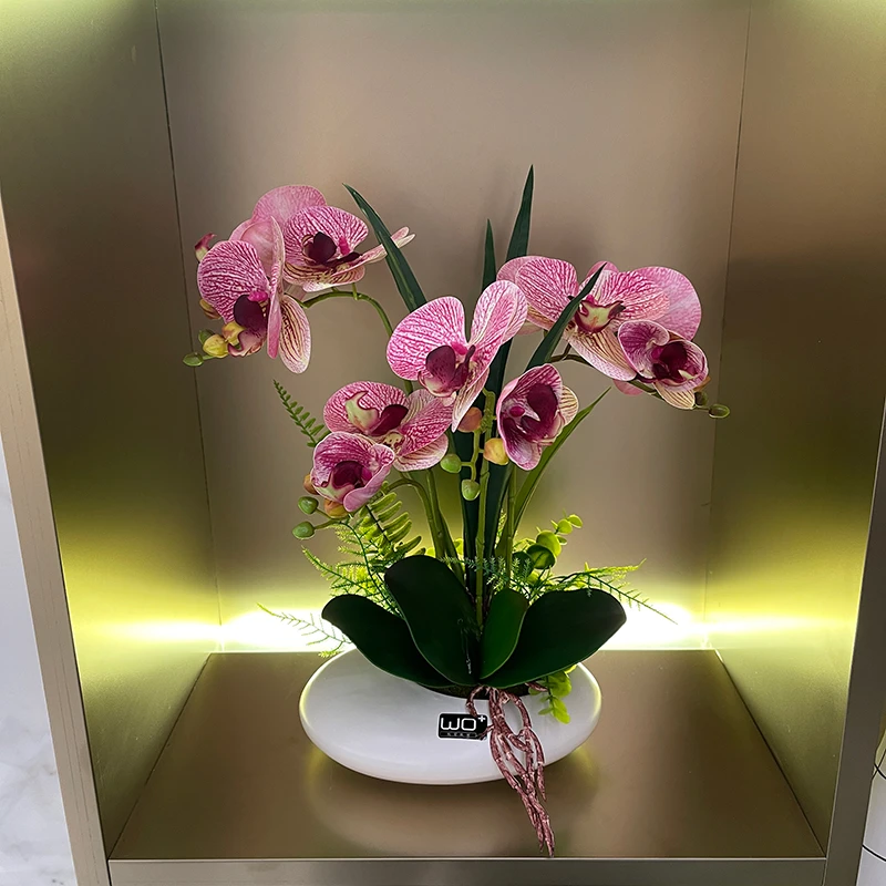 wo+手感PU蝴蝶兰仿真花艺陶瓷摆件客厅餐桌花茶几上年宵花福桶